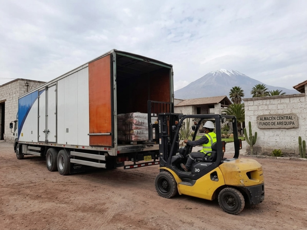 Flota de camiones de transporte de carga minera y comercial de Panamundo en la ruta de Lima a Arequipa y el sur del Perú.