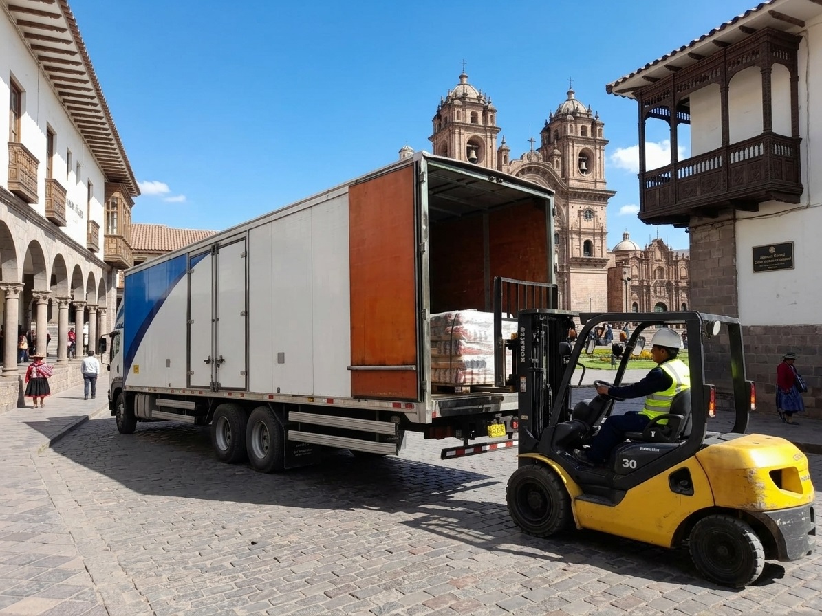 Flota de camiones de transporte de carga pesada y comercial de Panamundo en la ruta de Lima a Cusco y la sierra sur.