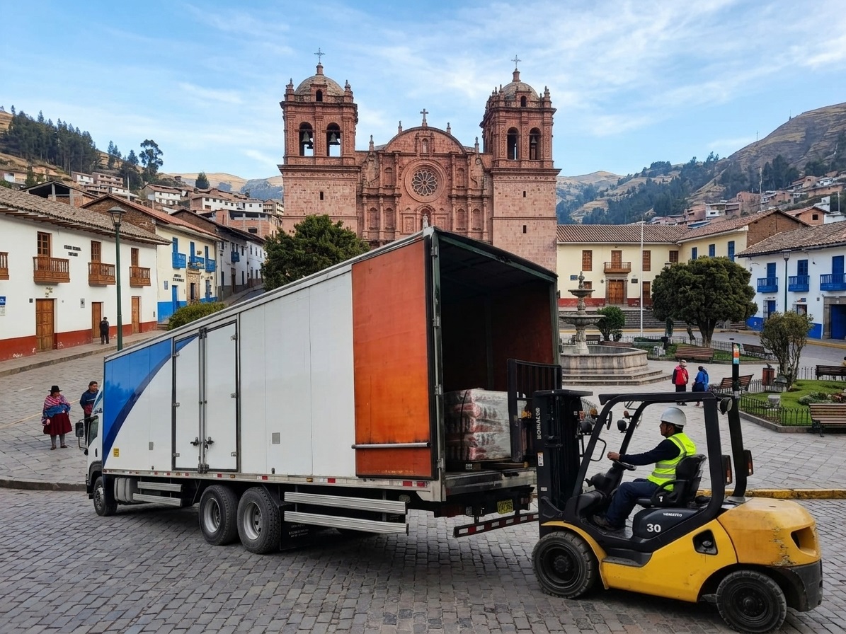 Flota de camiones de transporte de carga minera y comercial de Panamundo en la ruta de Lima a Huancavelica.
