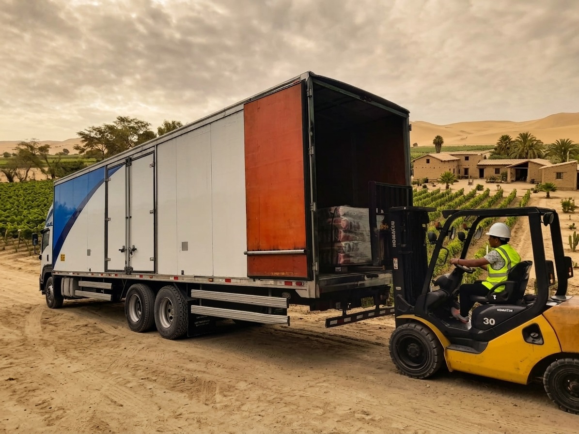 Flota de transporte de carga comercial y agroindustrial de Panamundo operando en la ruta de Lima a Ica y el sur chico.