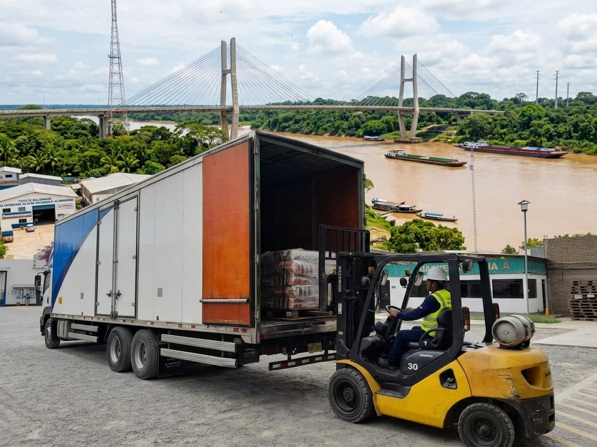 Flota de camiones furgonados y plataformas de Panamundo en la ruta de Lima a Puerto Maldonado por la Interoceánica.